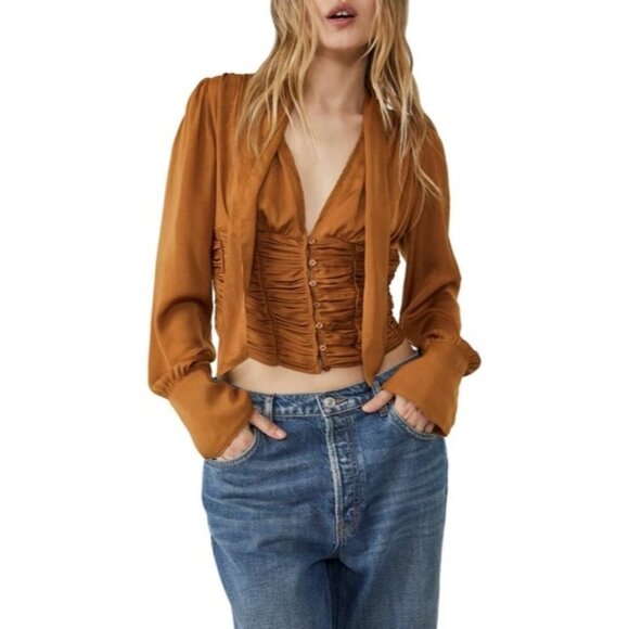 Free People Meet Me There Buttondown Top in Amber X-Small New Womens Blouse - Picture 1 of 14